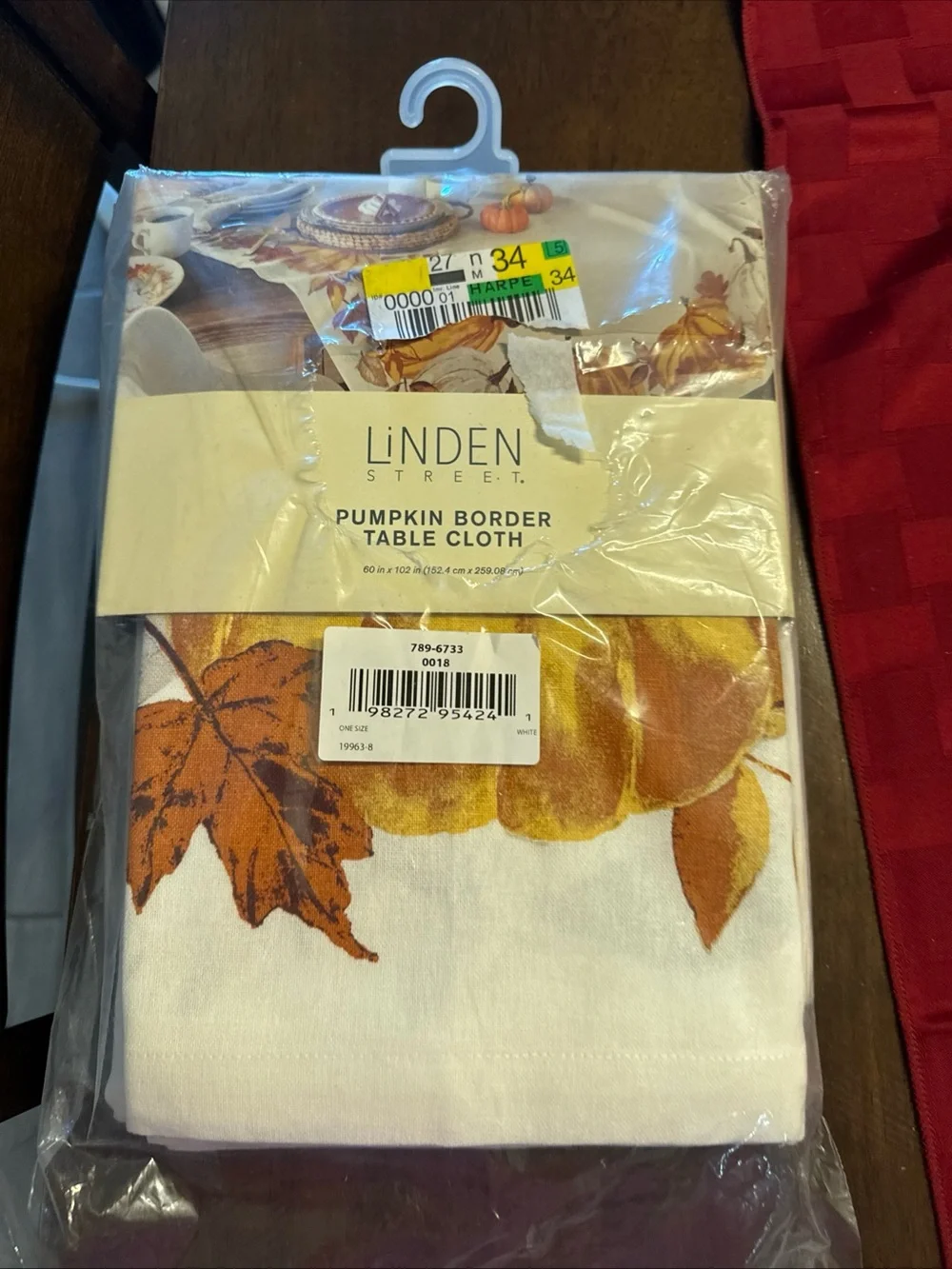 Pumpkin Border Table Cloth - White with Autumn Orange Leaves
